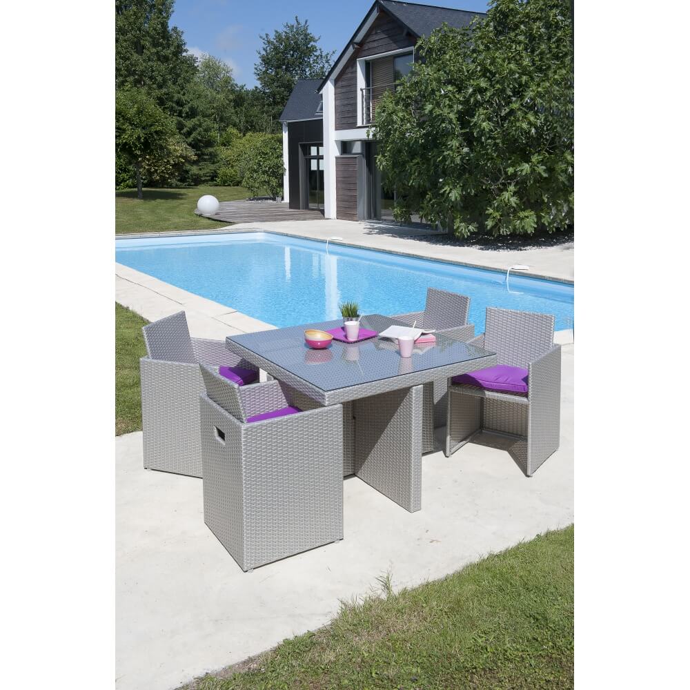 Ensemble repas 4 places en résine tressée grise MyPiscine