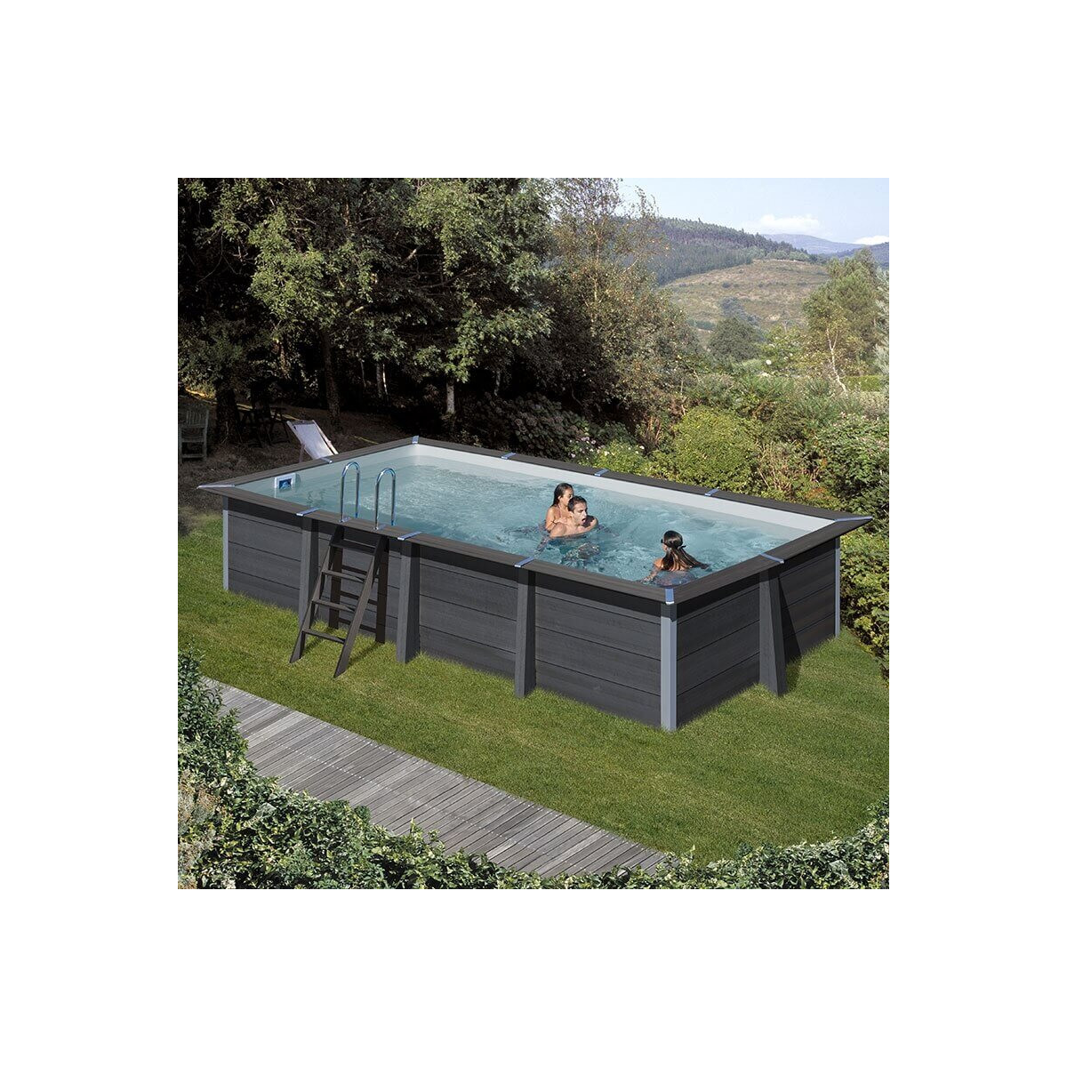 Kit de piscine hors sol en bois composite Gre rectangulaire 606x326x124 cm  avec groupe de filtration à sable, skimmer, échelle, sable filtrant et  tapis de sol gris - HORNBACH