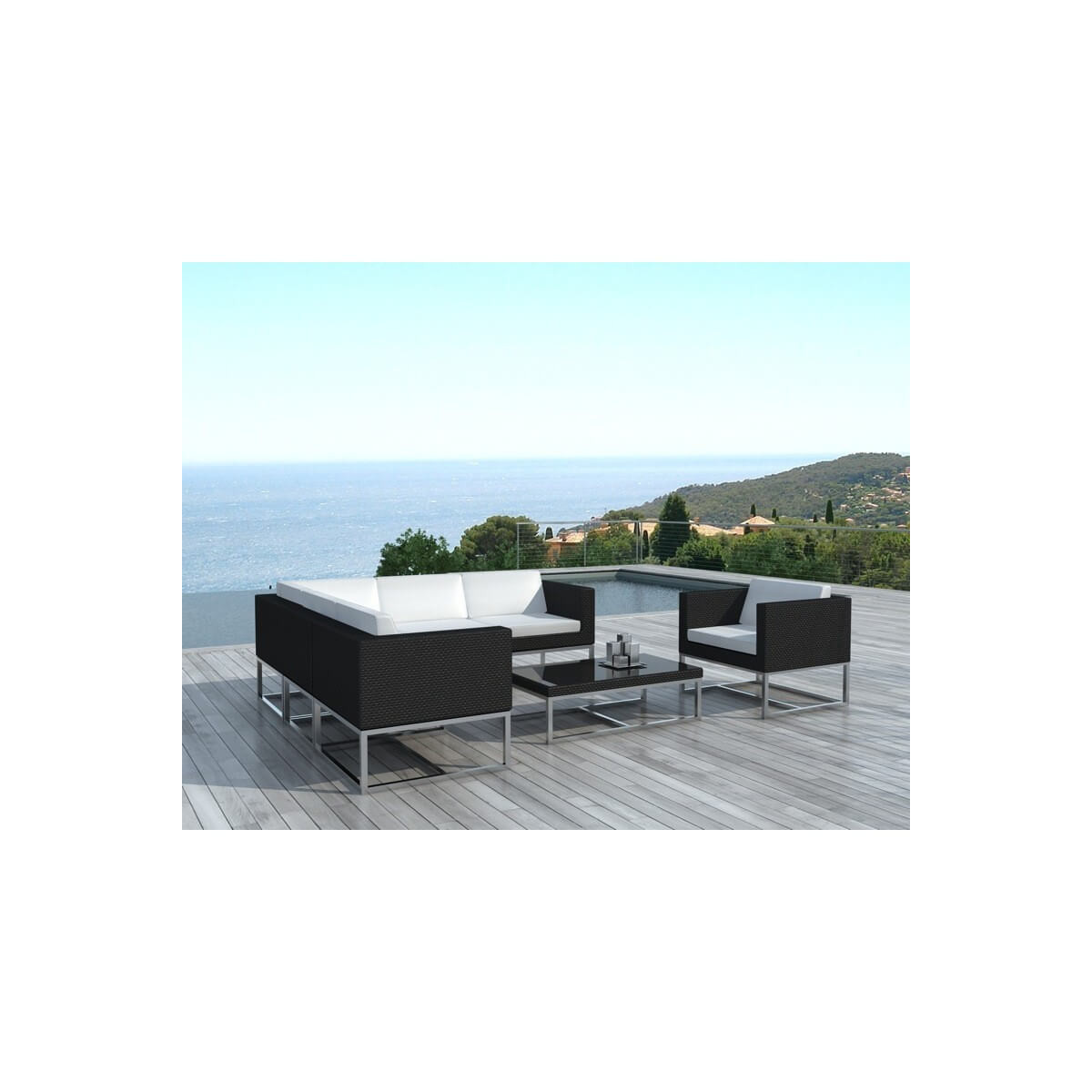 Salon de jardin résine tressée, salon noir & blanc MyPiscine