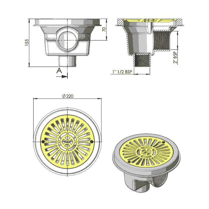 Bonde de fond Ø200 mm ABS grille plate piscine béton