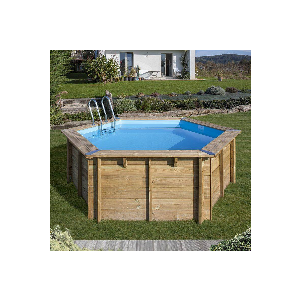 Piscine Bois Swim Wood 33750 - D 395 x H 117 cm - hexagonale - rainurée  languette - Spa & Piscine