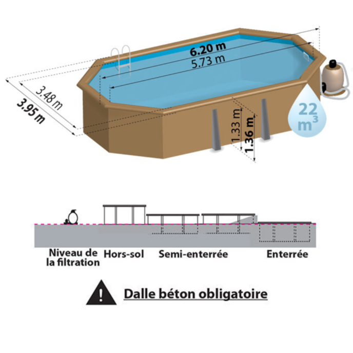 Piscine bois Safran 2 620 x 395 x H 136 cm