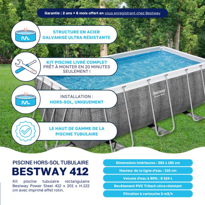 Piscine tubulaire Bestway rectangulaire 4,12 x 2,01 x 1,22 m Power Steel Rotin