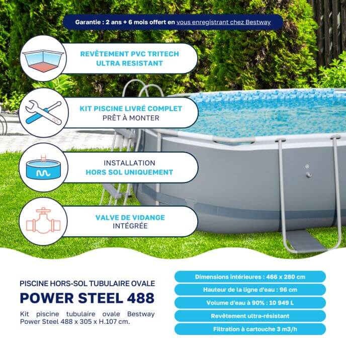 Piscine tubulaire Bestway ovale 4,88 x 3,05 x 1,07 m Power Steel