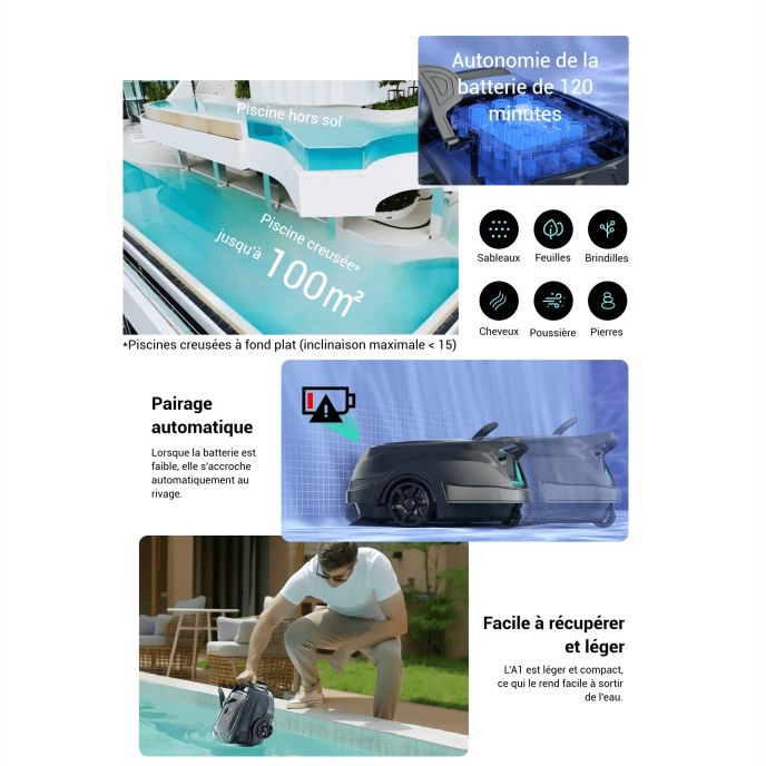 Robot piscine sans fil Wybot A1 pour piscine hors sol