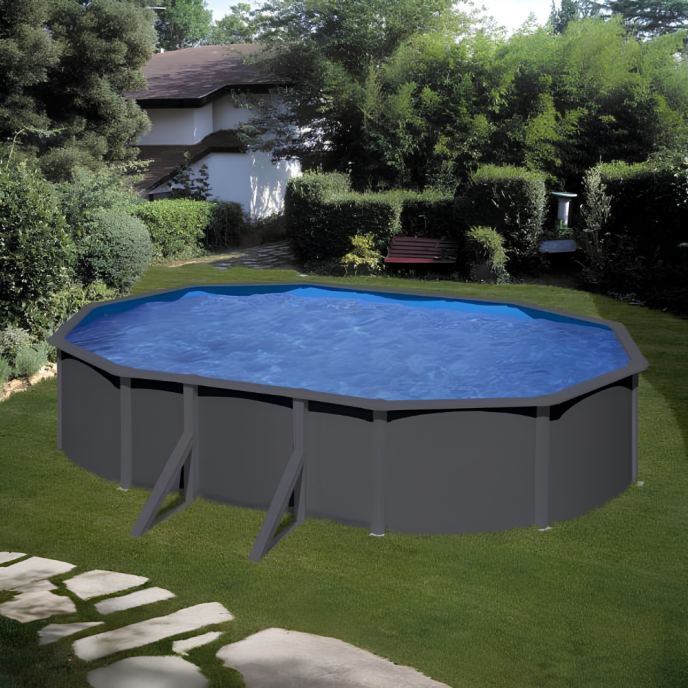 Piscine Gre acier ovale Anthracite - 634 x 399 x H 122 cm (Filtre à sable)