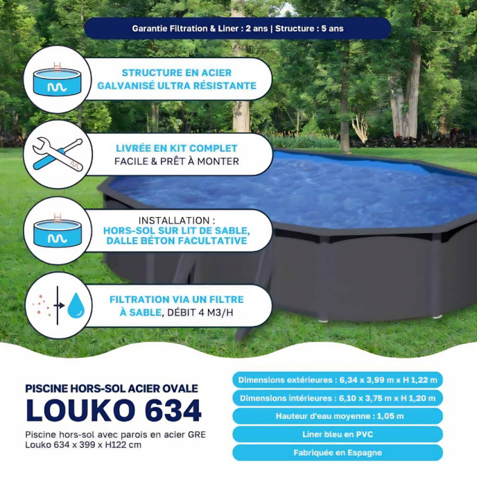 Piscine Gre acier ovale Anthracite - 634 x 399 x H 122 cm (Filtre à sable)
