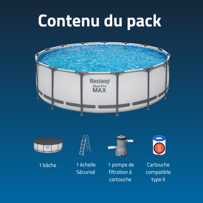 Piscine Bestway tubulaire ronde Steel Pro Max- Ø 457 x H 122 cm (Filtre à cartouche)