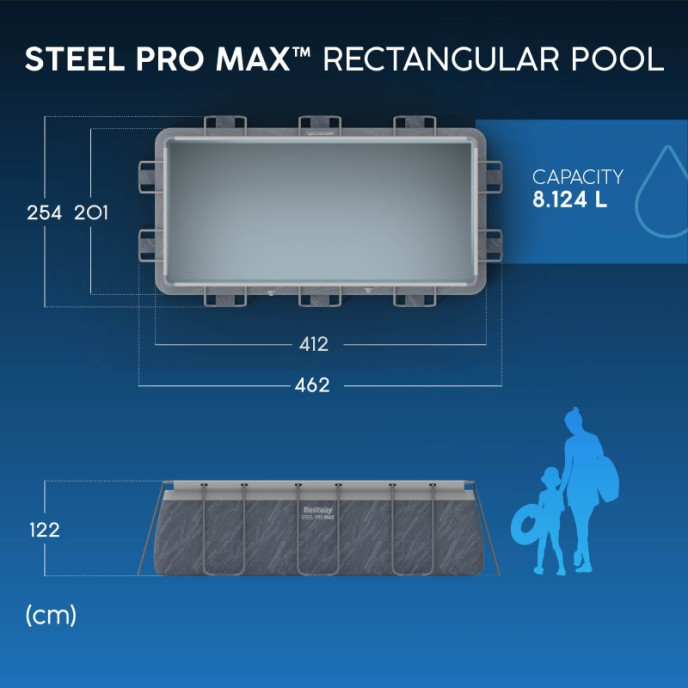 Piscine Bestway tubulaire rectangulaire Steel Pro MAX - 412 x 201 x H 122 cm (Filtre à cartouche)