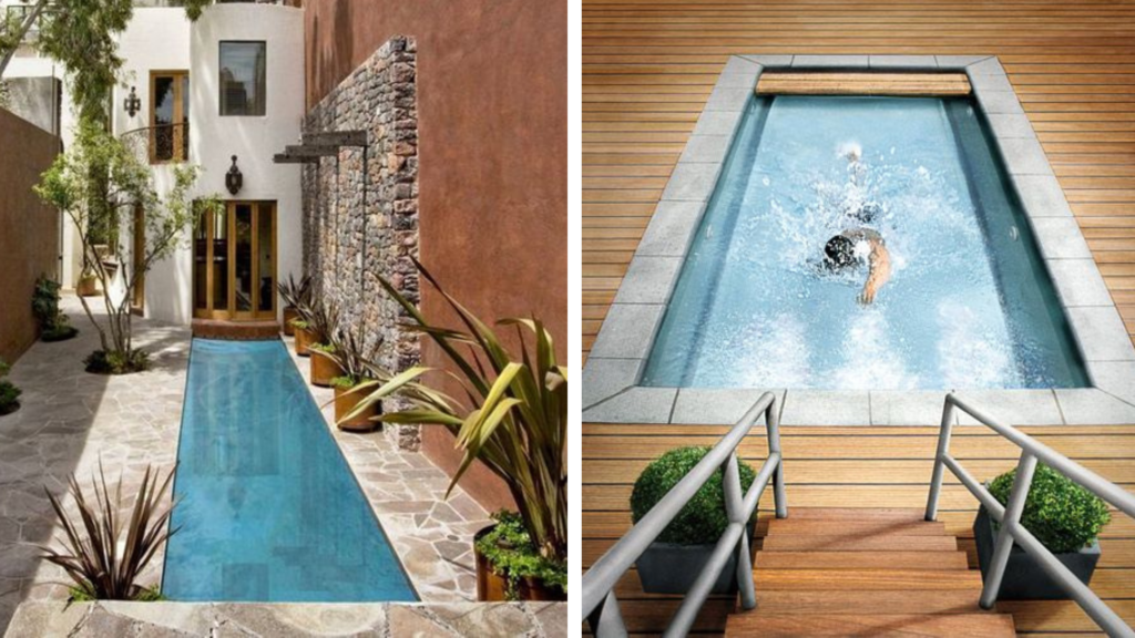 Inspiration d'aménagement extérieur pour petite piscine grâce au couloir de nage ou la pompe de nage à contre courant