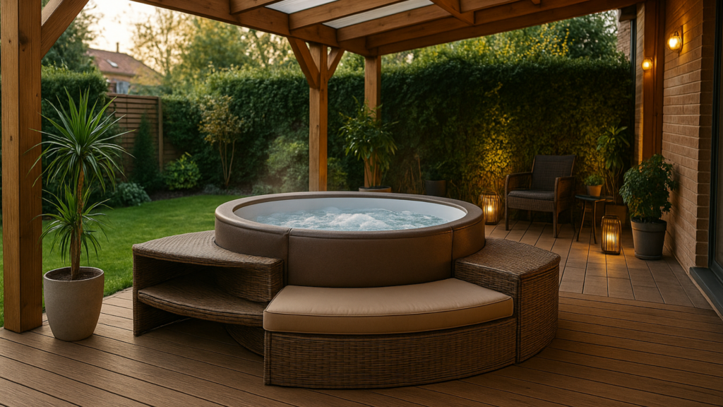 Spa Semi Rigide : Où l’installer ? Terrasse, balcon, intérieur ? Spa semi rigide installé sous une terrasse couverte
