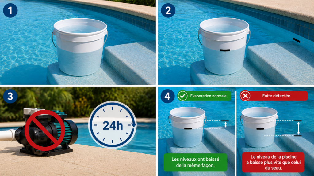 Comment trouver une fuite dans sa Piscine ? test seau fuite piscine 1