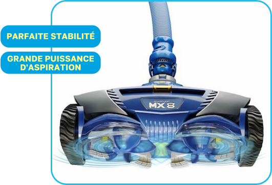 Aspiration Turbo Cyclonique à double hélices et Entraînement par chenilles crantées pour une parfaite stabilité