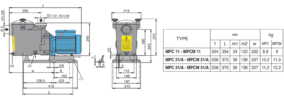 Dimensions de la pompe piscine Calpeda MPC31