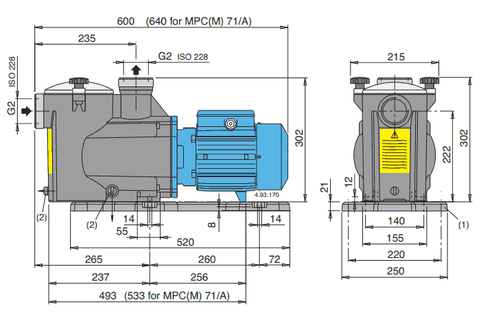 Dimensions de la pompe piscine Calpeda MPCM71