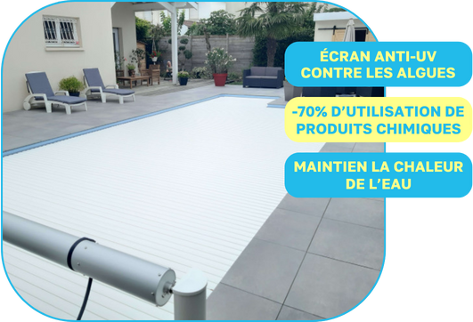 Avantages volet hors-sol APF : Un écran anti UV contre le développement des algues et Isolation thermique et aide au chauffage de l'eau