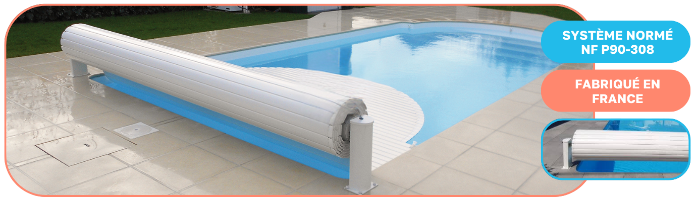 Volet piscine motorisé hors-sol avec fin de course mécanique fabriqué en France